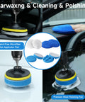 All In One 36 Piece Car Detailing Kit with Drill Brushes in use on car surfaces, microfiber and wool pads shown