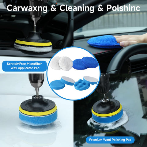 All In One 36 Piece Car Detailing Kit with Drill Brushes in use on car surfaces, microfiber and wool pads shown