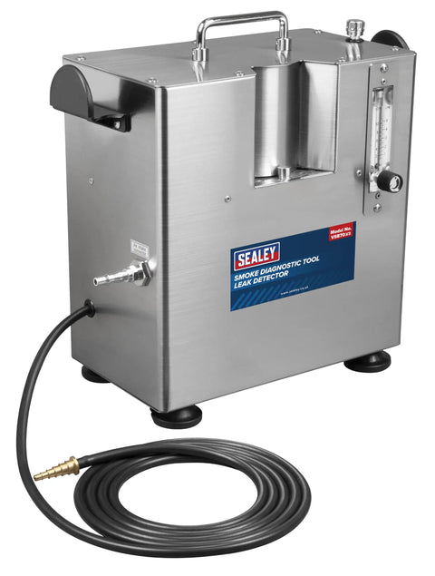 Professional Grade Smoke Diagnostic Kit For Tracking Down Sneaky Vacuum And Exhaust Leaks In Sedans And Trucks With A Hella Flexible Tubing Set And Straightforward Manual Control Dial, showcasing metal housing and hose.