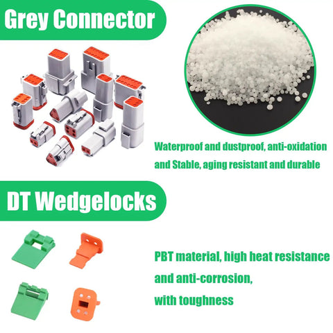 Waterproof 4 Pin Wire Connector Kit 102 PCS, 8 Sets with grey connectors, DT wedgelocks, and white plastic granules.