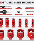 Bi Metal Hole Saw Kit For Metal And Wood, 16 Piece Deep Cut 48 Millimeter Set with most-used sizes and accessories displayed