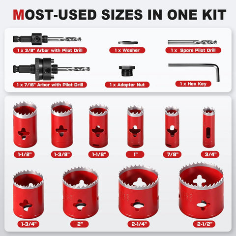 Bi Metal Hole Saw Kit For Metal And Wood, 16 Piece Deep Cut 48 Millimeter Set with most-used sizes and accessories displayed