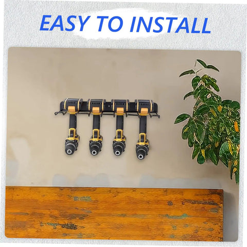 Heavy Duty Wall Mounted Power Tool Holder With Rock Solid Steel Garage Storage Rack For Drills And Hand Tools, installed on wall with drills.