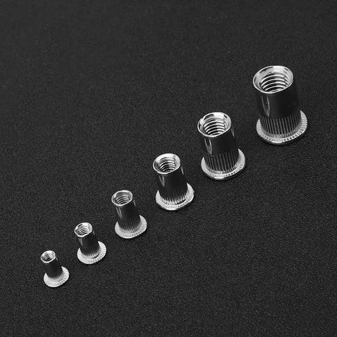 Rivet Nut Set 150 Pcs Stainless Steel 304 M3 To M10 Fastening Hardware Kit in six sizes on black surface