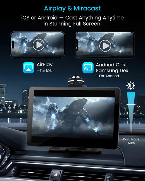 Ultra Slim 11 Inch Wireless CarPlay Screen For Cars With Android Auto And 4K Dash Cam casting video via Airplay and Android Cast