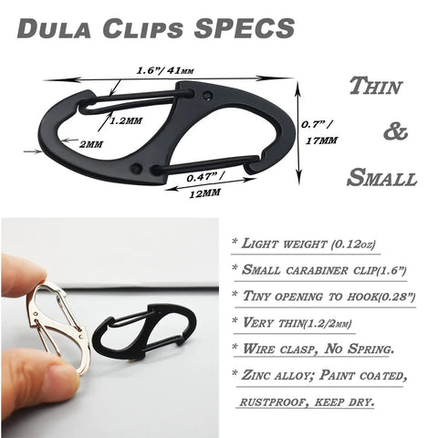 Mini Carabiner Clips 1.6 Inch Metal Double Sided Spring Gate Snap Hooks Keychain Clasps 10 Pack, black specs and size comparison