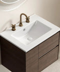 24 Inch Bathroom Vessel Sink, Ceramic Vanity Sink Top with Pre-Drilled Holes in milk white finish with modern faucet.