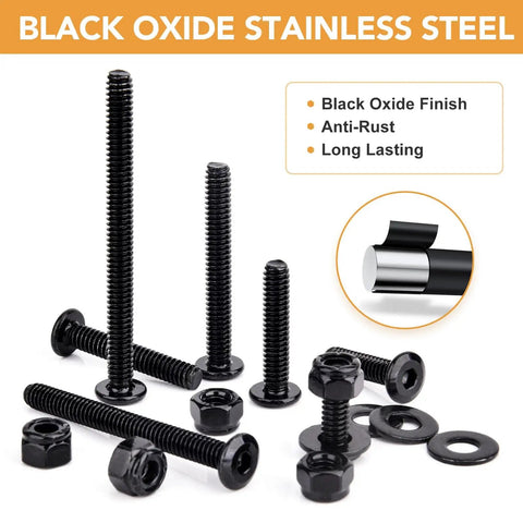 175-Piece 1/4-20 Flat Socket Head Screws Set With Black Oxide Finish, stainless steel bolts and lock nuts displayed