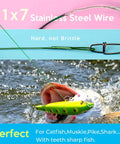 Stainless Steel Fishing Leaders Kit with lure, perfect for catfish, pike, or shark, shown with water and fish strike illustration.
