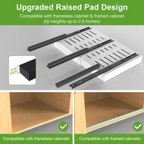 Upgraded Raised Pad Design for Heavy Duty Two Pack Expandable Pull Out Cabinet Organizer with compatibility for frameless cabinets.