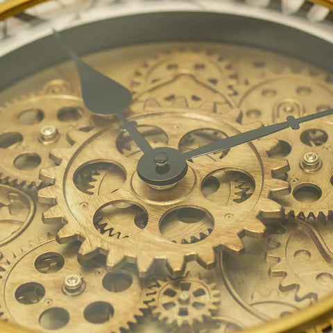 18 Inch Big Boy Gear Wall Clock With Smooth Rotating Cogs And Crisp Gold Roman Numerals inner gears and hands view