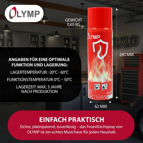 Universal Foam Fire Extinguisher Spray 500ml Compact Cylinder in kitchen, showcases safety instructions and dimensions.