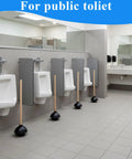 Six Pack Heavy Duty Black Toilet Plungers Featuring Solid Wood Handles And Beefy Rubber Cups in a public restroom with urinals.