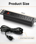 10 inch Rack PDU with four AC outlets shown with dimensions, 6-foot power cord, and a durable steel casing.