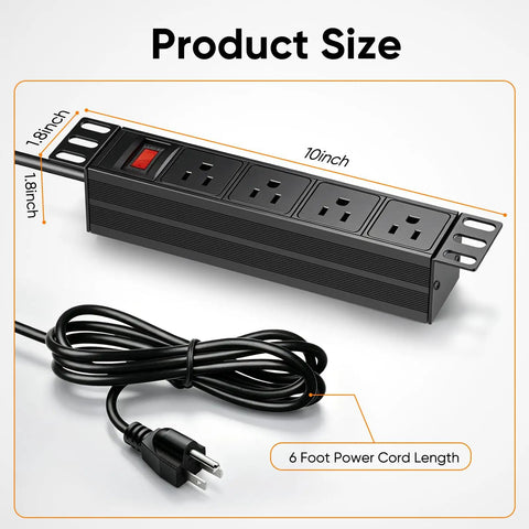 10 inch Rack PDU with four AC outlets shown with dimensions, 6-foot power cord, and a durable steel casing.