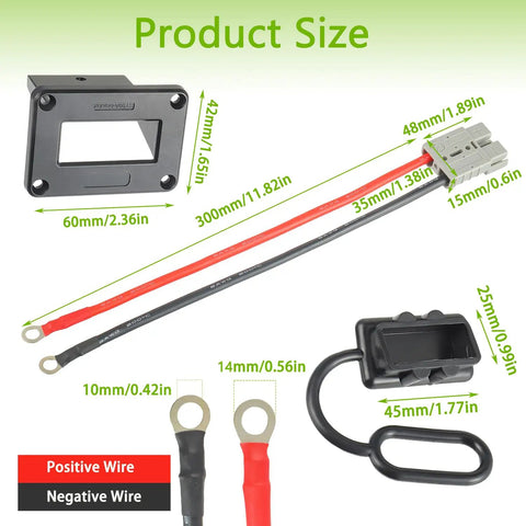 Product size chart of the 50 Amp Battery Quick Disconnect Connector Plug Kit with 8 AWG 30 cm cable, O-ring terminal, and cover
