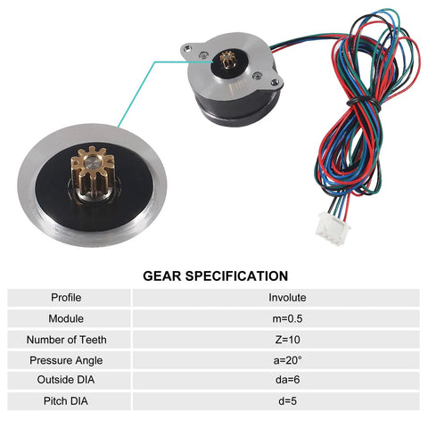 36mm round extruder stepper motor, close-up view with brass gear, silver housing and long multi-color cable