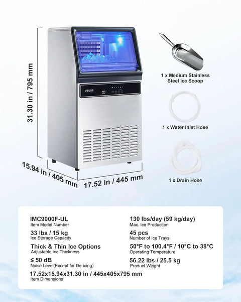 Party Ready Ice Maker For Home Bar Or Restaurant, Up To 130 Lbs Per Day With 33 Lbs Storage, 45 Cubes Per Cycle, Stainless Steel