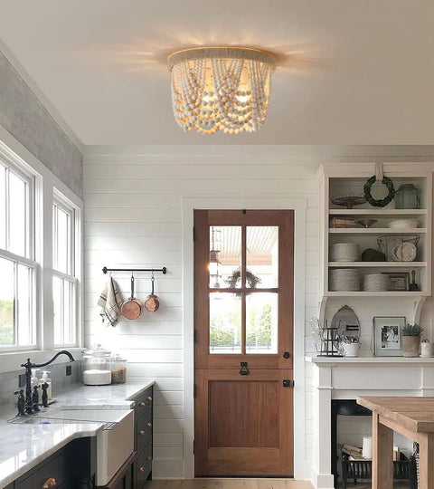 Boho Chic Wood Beaded Flush Mount Light Fixture, Rustic Farmhouse Three Light Chandelier for Bedroom, Hallway, Entry, Kitchen, Living Room, Nursery, E26 Sockets, Natural Hemp Rope Trim