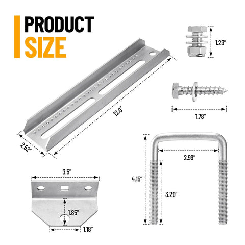 Badass 12 Inch Boat Trailer Bunk Brackets Four Pack Heavy Duty Galvanized Steel dimensions and hardware details displayed.