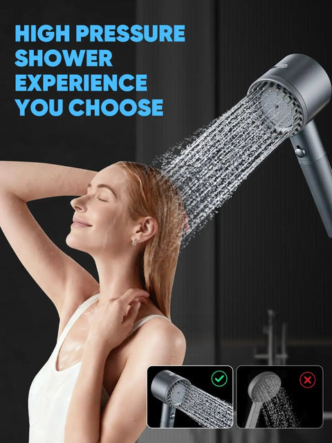Ion Drops Filtered Shower Head With Handheld, High Pressure Five Spray Modes shown in use on woman's hair