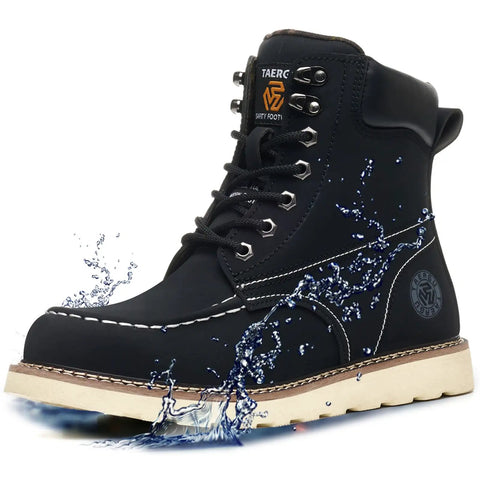 Rugged 6 Inch Moc Toe Steel Toe Work Boots For Men Waterproof Leather Slip Resistant Outsole Black US Size 9.5