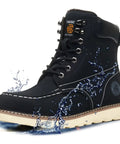 Rugged Steel Toe Work Boots For Men Waterproof Moc Toe Safety Boots With Non Slip Grip Built Tough For Construction And Outdoor Jobs Durable Black Boots All Day Comfort Size 9 US, side view showing waterproof leather and slip-resistant sole.