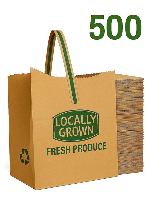 Natural Kraft Paper Tote Bag With Locally Grown Design, Eco Friendly Reusable Gift Bag Go To Market Groceries And Small Shops, 500 pack