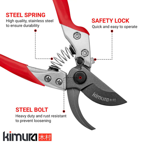 Close-up of Pro Grade 8 Inch Bypass Pruning Shears With Japanese SK5 Steel Blades and highlighted features