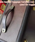 Close-up of brown leather luggage handle attached to suitcase.