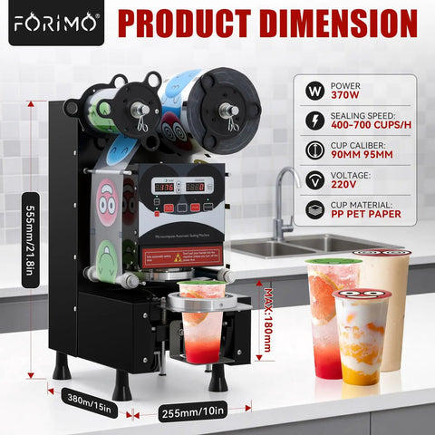 Straight Up Heavy Duty Commercial Boba Cup Sealer Machine With Digital Control Dual Auto Manual Modes Cranks Out 700 Cups Per Hour Top Shelf Construction For Coffee Stands with digital display and sealing film.