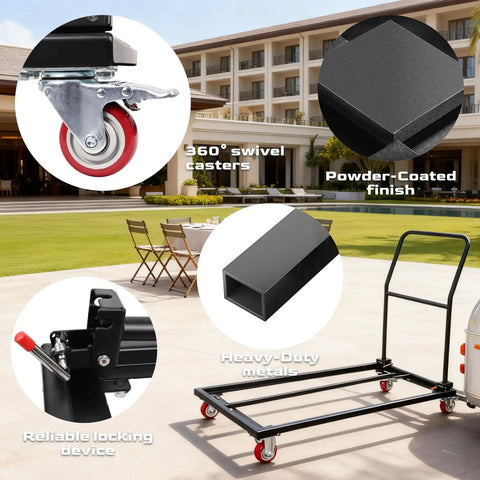 Heavy Duty Folding Chair Dolly Holds Up To 1500 Lbs Beefy Steel L Shaped Cart For Party Rentals Storage And Transport Of Plastic Wood And Resin Chairs with swivel casters and locking device