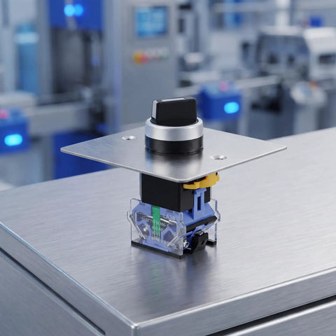 Rock Solid Three Position Rotary Switch With Brushed Stainless Steel One Hole Panel Plate installed on a brushed steel surface.