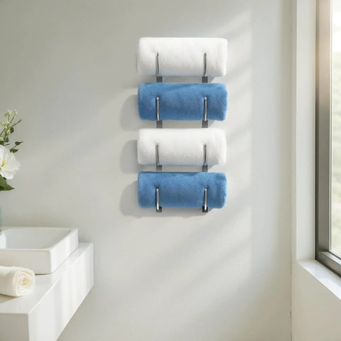 4 Tier Wall Mounted Towel Rack Organizer For Towels Blankets And Bath Sheets Space Saving Storage For Small Bathrooms RV Closets