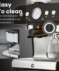 Level Up Your Coffee Game With This Badass 20 Bar Espresso Maker Featuring A Built In Grinder, Stainless Steel Body, Huge 2.8 Liter Tank, And Steam Wand For Flawless Lattes And Cappuccinos, Black with removable water tank and drip tray.