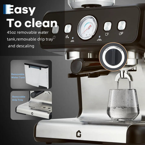 Level Up Your Coffee Game With This Badass 20 Bar Espresso Maker Featuring A Built In Grinder, Stainless Steel Body, Huge 2.8 Liter Tank, And Steam Wand For Flawless Lattes And Cappuccinos, Black with removable water tank and drip tray.
