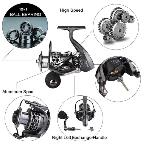 Lightweight Ultra Smooth Aluminum Spinning Fishing Reel With Graphite Spool features ball bearings, CNC handle, carbon drag.