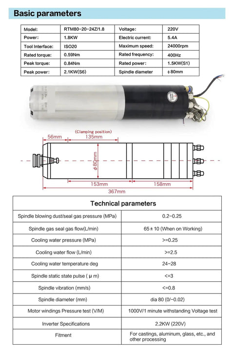 Top Shelf Automatic Tool Changer Water Cooled Spindle Motor With Iso20 Taper 1.8kw Motor technical specifications on display.
