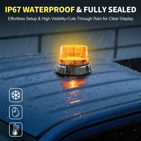 Beefy Magnetic Amber Strobe Light Beacon For Trucks And Heavy Duty Vehicles, rechargeable LED roof light, shown in rain on vehicle