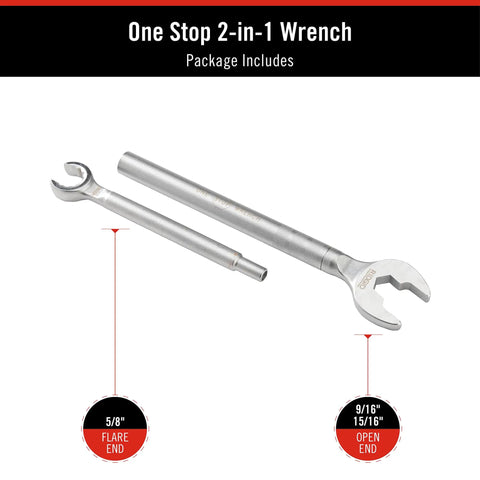 One Stop 2-In-1 Wrench For Angle Stops And Compression Couplings With Dual Wrench Design in metal with flare and open ends
