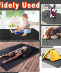 Collage showing various uses of Interlocking EVA Foam Gym Mats Set With 20 Puzzle Tiles including play, yoga, and pet feeding areas.