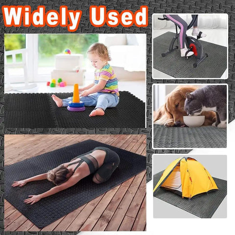 Collage showing various uses of Interlocking EVA Foam Gym Mats Set With 20 Puzzle Tiles including play, yoga, and pet feeding areas.