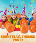 Pack Of 12 Inflatable 16 Inch Basketball Beach Balls For Pool Or Beach Fun with kids at a birthday party with party hats