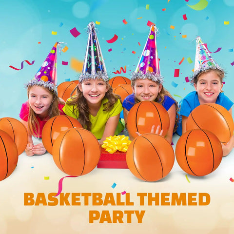 Pack Of 12 Inflatable 16 Inch Basketball Beach Balls For Pool Or Beach Fun with kids at a birthday party with party hats