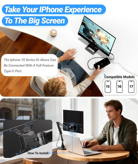 Person using Ultra Slim 15.6 Inch FHD IPS Portable Monitor With Adjustable Stand USB C Compatible Screen Extender For Laptops.