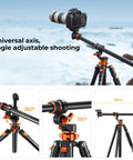 Ultra High 90 Inch Camera Tripod Kit With Flexible Legs and Gimbal showing 360 degree pan and 180 degree tilt adjustments.