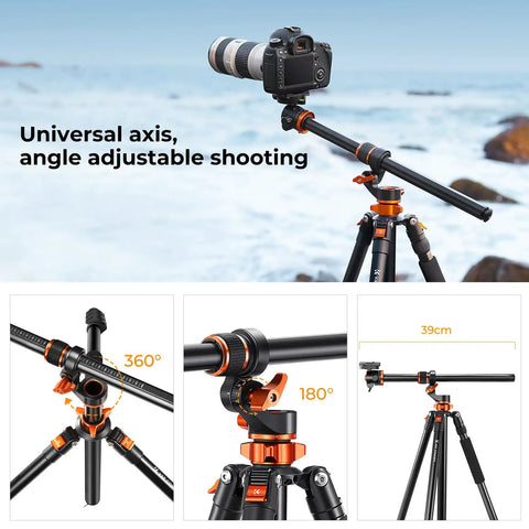 Ultra High 90 Inch Camera Tripod Kit With Flexible Legs and Gimbal showing 360 degree pan and 180 degree tilt adjustments.