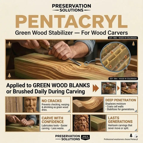 Pentacryl Green Wood Stabilizer product information display for wood carvers, showing deep penetration and crack prevention benefits.