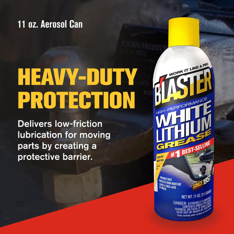 Image of an 11 oz Heavy Duty White Lithium Grease Spray can for metal parts, offering long-lasting lubrication and protection against moisture and oxidation.
