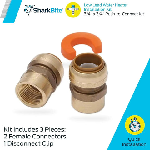 Three Quarter Inch Water Heater Connection Kit With Push To Connect Brass Fittings For PEX Copper CPVC PERT HDPE Pipes Includes Two Female Connectors And A Disconnection Clip For Tight Spaces